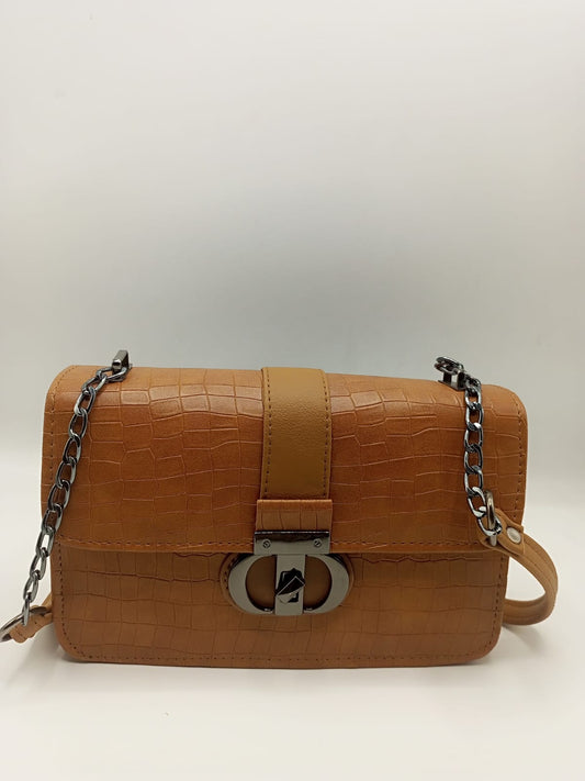 Luxury Faux Croc Textured Chic Crossbody Bag with Metallic Lock & Chain Strap