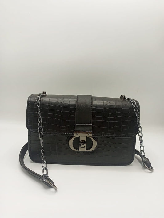 Luxury Faux Croc Textured Chic Crossbody Bag with Metallic Lock & Chain Strap
